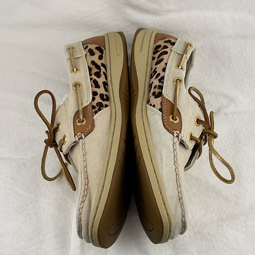 Sperry Women 7.5 Cream and Brown w/ Leopard Print‎ Boat Shoes